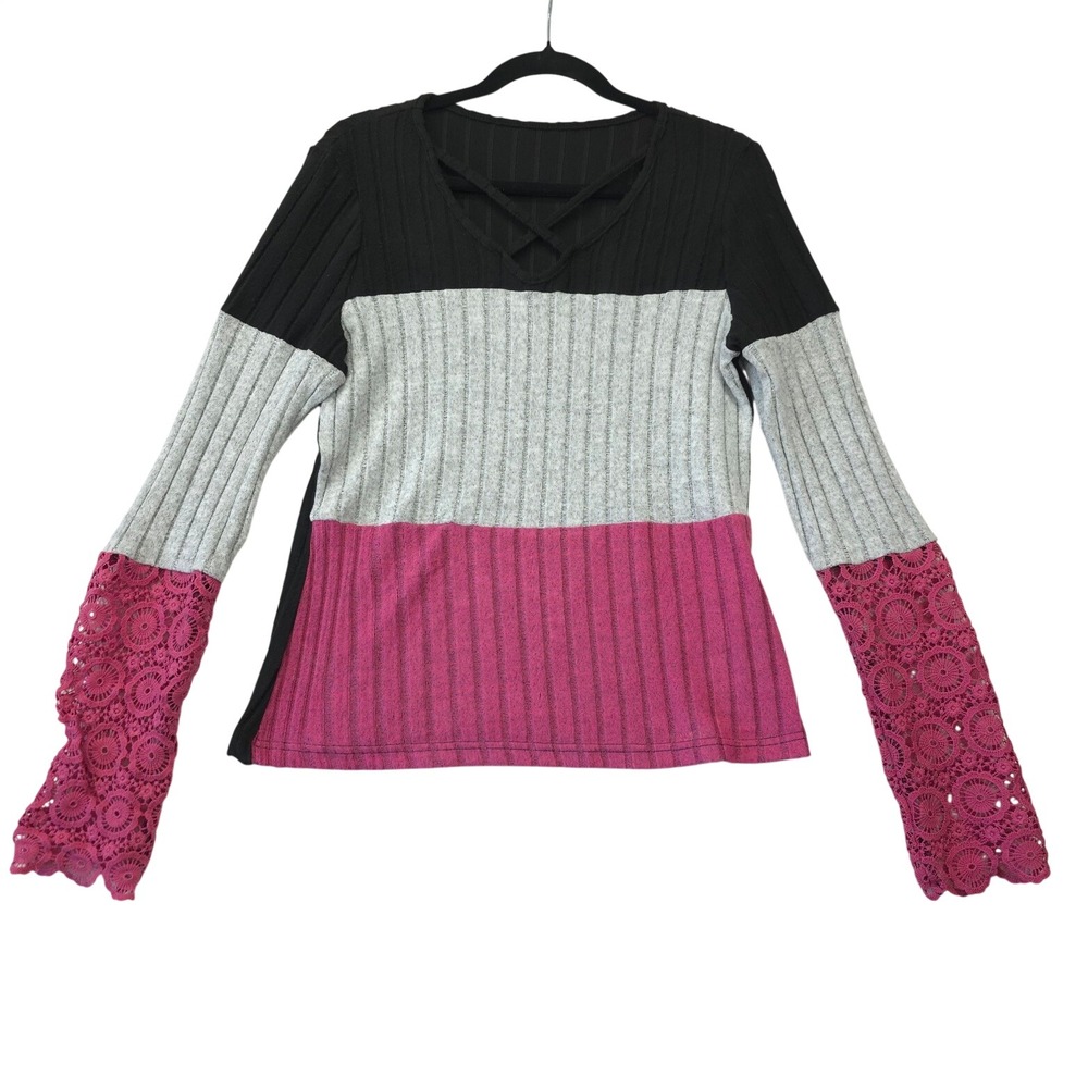 Colorblock Ribbed Knit Top Crochet Lace Bell Sleeve Crisscross V-Neck L Boho Y2K